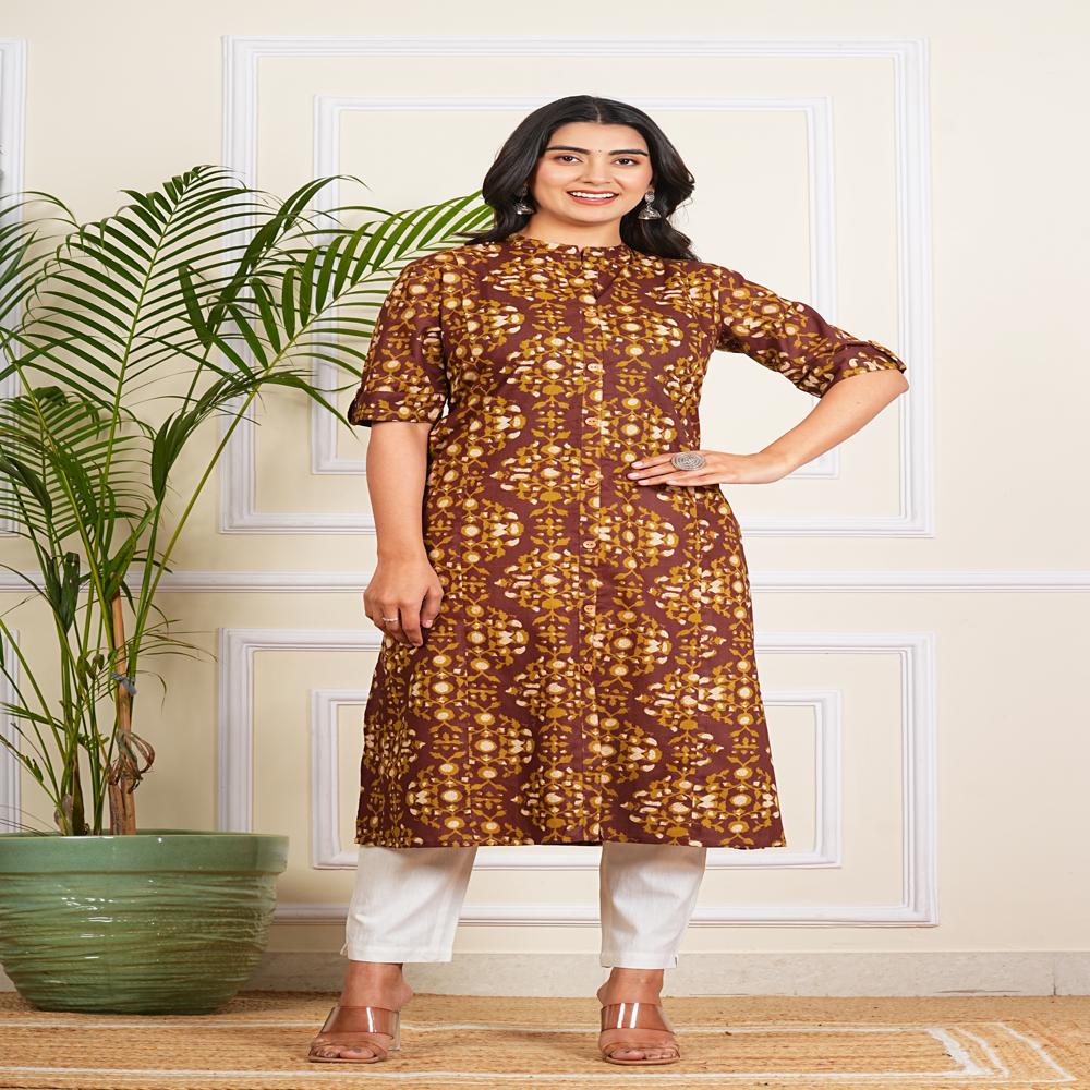 Dark Brown Cotton Long Kurti