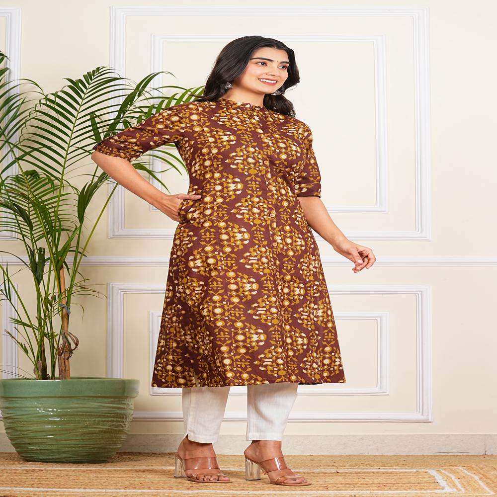 Dark Brown Cotton Long Kurti