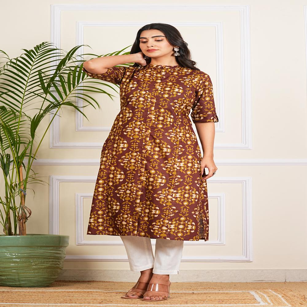 Dark Brown Cotton Long Kurti
