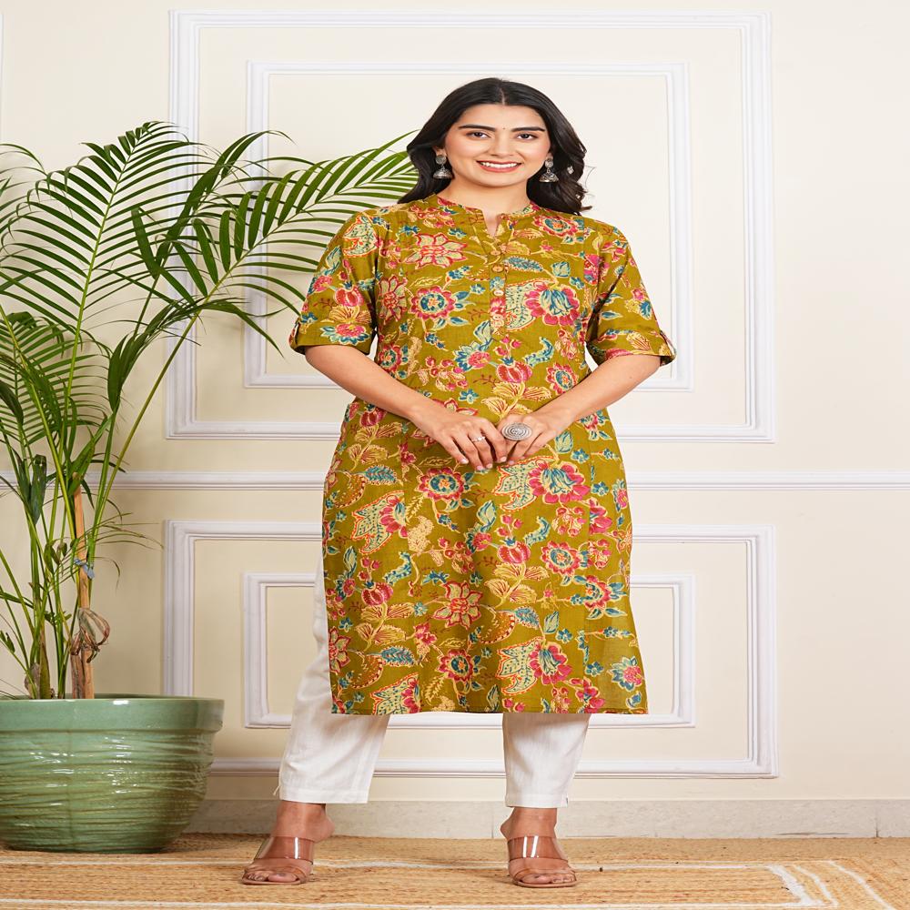 Mehendi Green Cotton Long Kurti