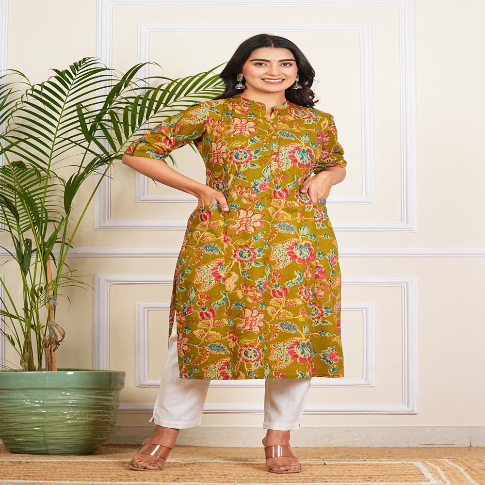 Mehendi Green Cotton Long Kurti