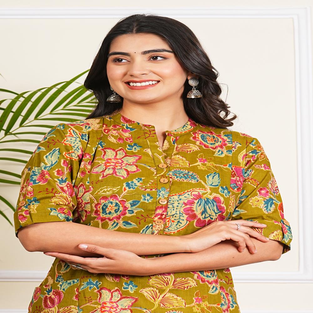 Mehendi Green Cotton Long Kurti