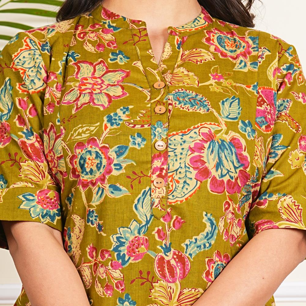 Mehendi Green Cotton Long Kurti