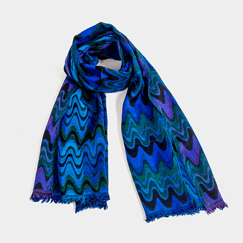 Blue Printed Fine Wool Jacquard Stole - Feature: Dryclean