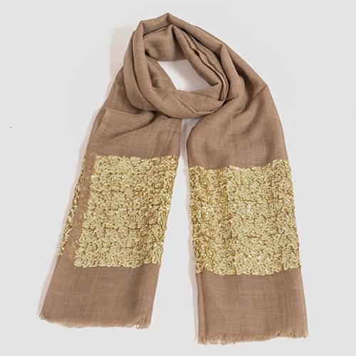 Beige Silk Wool Sequin Scarve