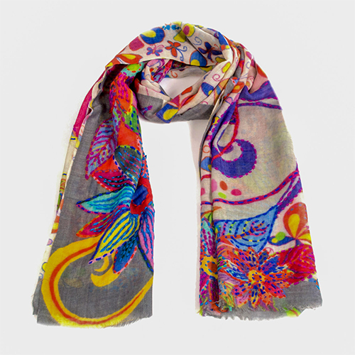 Grey Multi Cashmere Print Hand Embroidery Stole