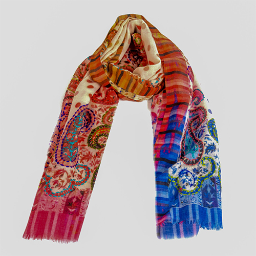 Blue Cashmere Print Hand Embroidery Scarve