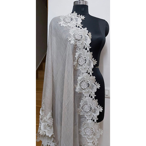 Silk 92 Wool Lace Design Stole - Color: White