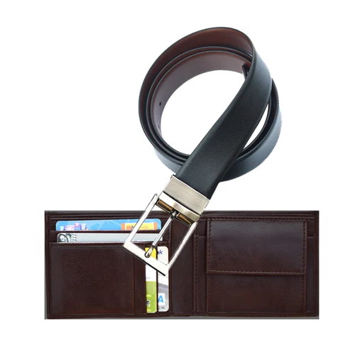 Gents Wallet Reversible Leatherette Belt Premium Card Box - Color: Brown