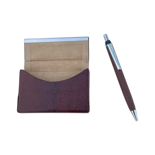 Visiting Card Holder Metal Ballpoint Pen Cardboard Box Set - Color: Brown
