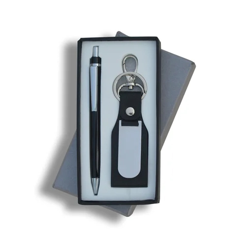 Leather Key Ring With Dog Hook Metai Ball Pen Card Board Box Set - Color: Black