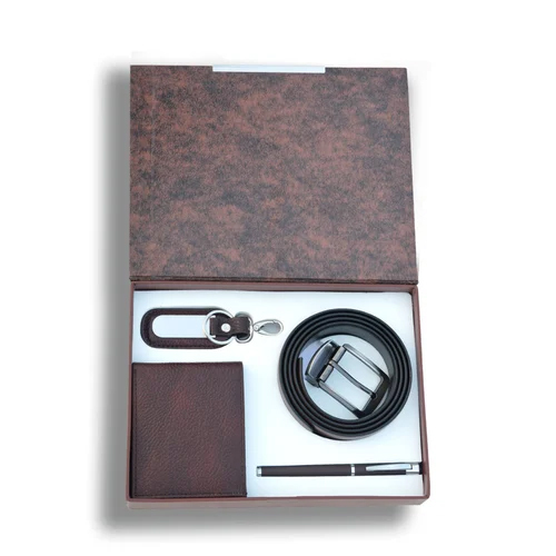 Reversible Leather Belt Gents Wallet Key Ring With Dog Hook Metal Roller Pen Set - Color: Brown