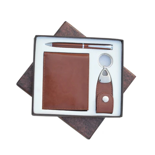 Leatherette Wallet Pen Keychain Gift Set - Color: Brown