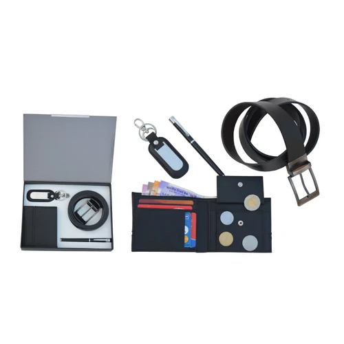 Gents Wallet Reversible Leather Belt Key Ring With Dog Hook Metal Roller Pen Set - Color: Black / Brown