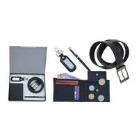 Gents Wallet Reversible Leather Belt Key Ring With Dog Hook Metal Roller Pen Set - Color: Black