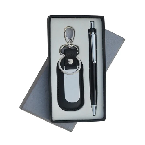 Leather Key Ring With Dog Hook And Metal Ball Pen - Color: Black
