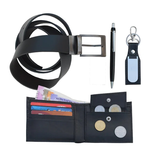 Gents Wallet Leather Belt Key Ring Dog Hook Metal Ball Pen Set - Color: Black