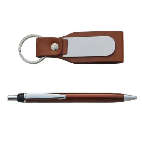 Promotional Leather Keychain With Pen - Color: Brown