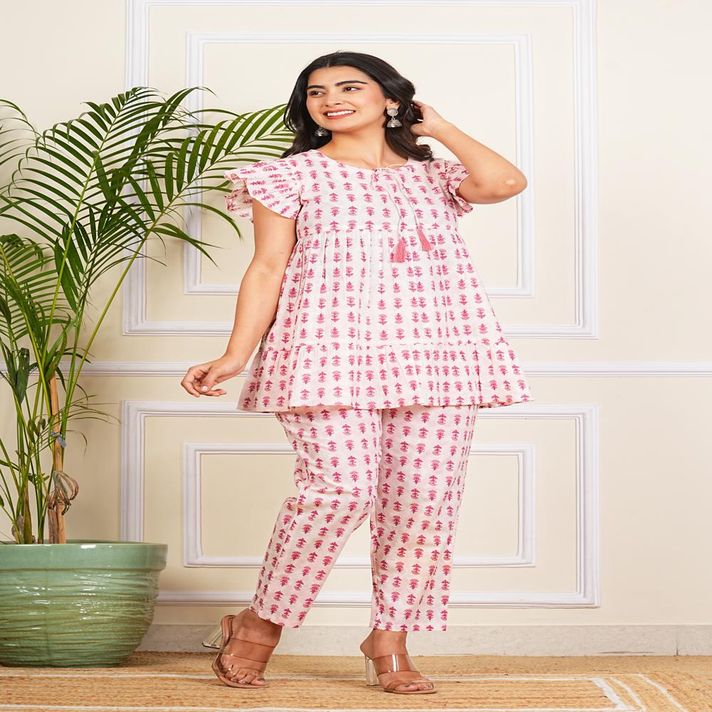 White & pink Cotton Co-ord Set