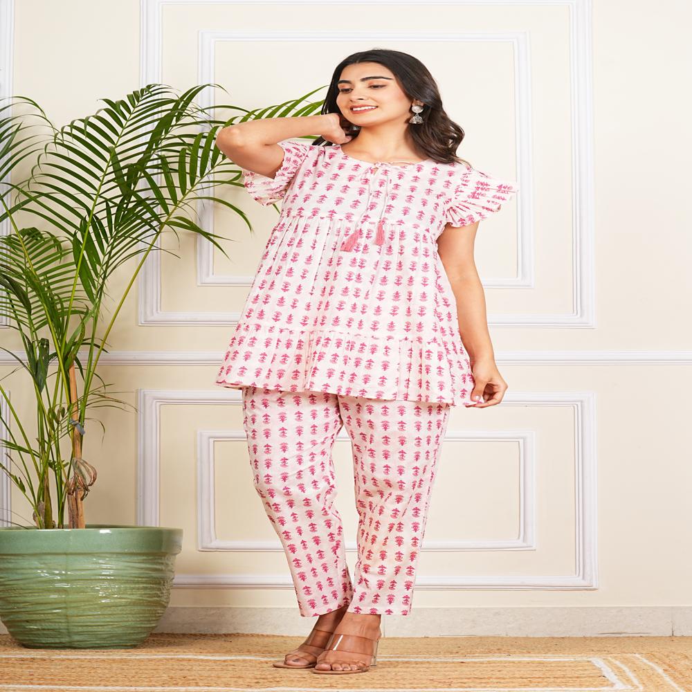 White & pink Cotton Co-ord Set