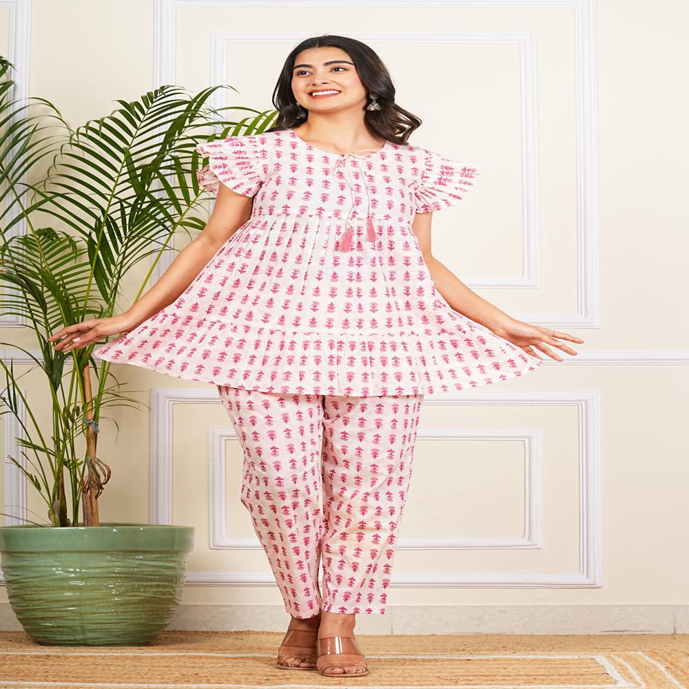 White & pink Cotton Co-ord Set