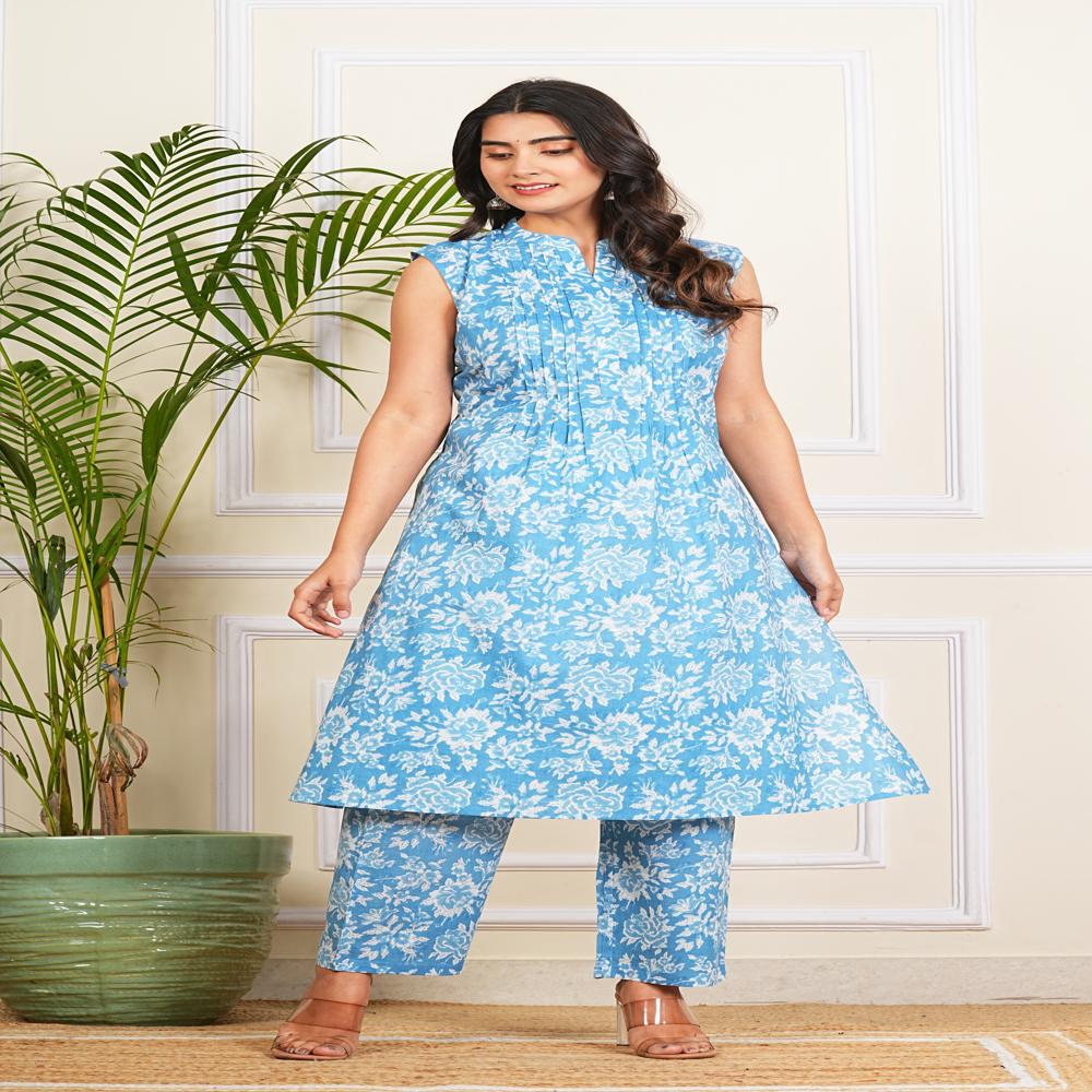 Light blue Cotton A-line kurti with pant