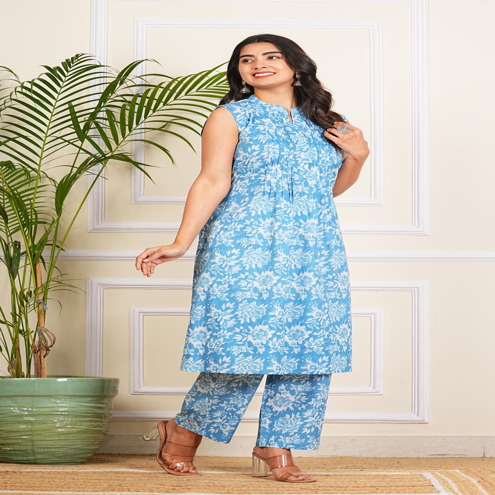 Light blue Cotton A-line kurti with pant