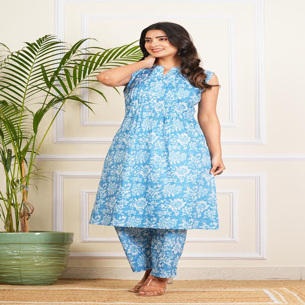 Light blue Cotton A-line kurti with pant
