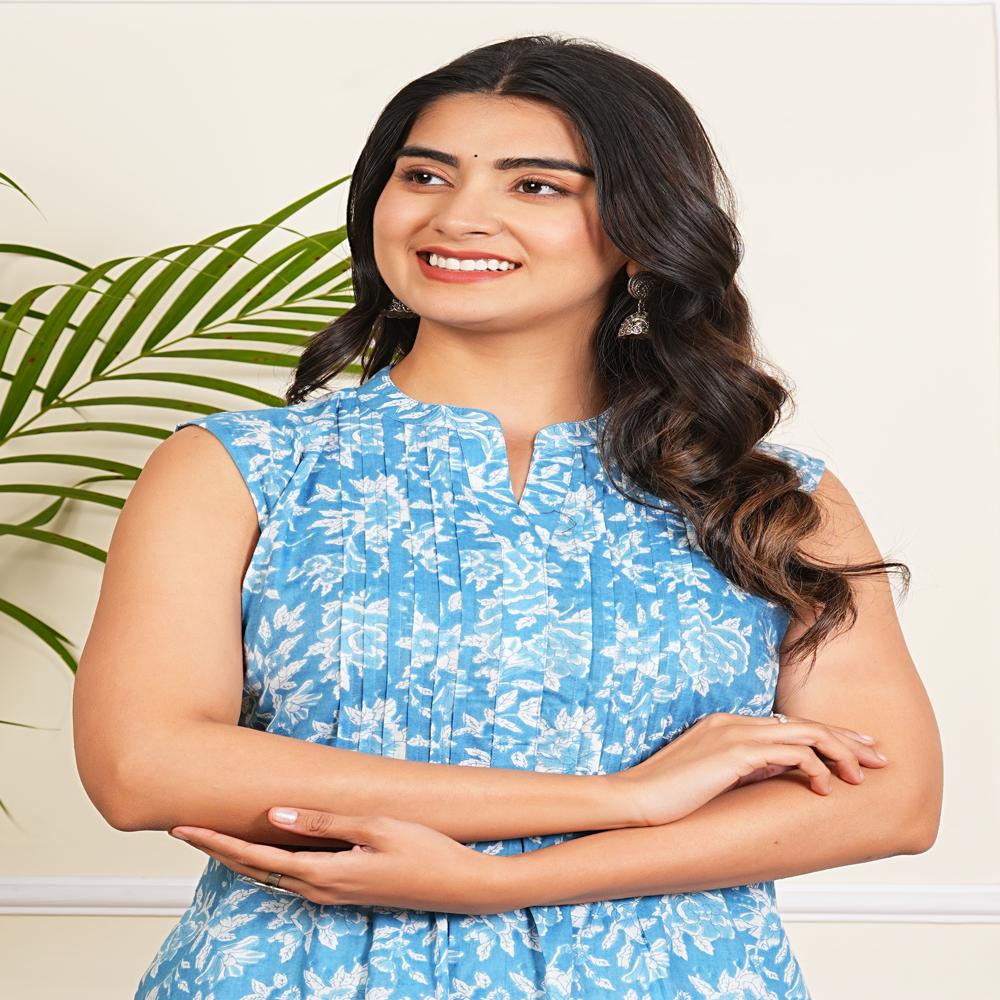 Light blue Cotton A-line kurti with pant