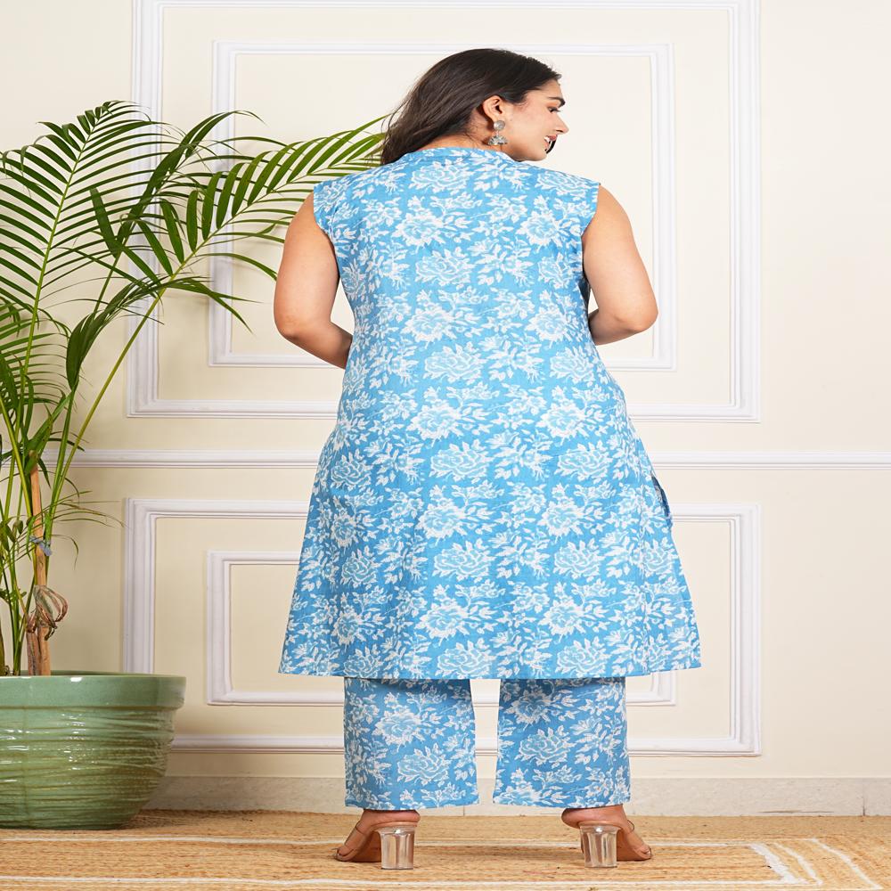 Light blue Cotton A-line kurti with pant