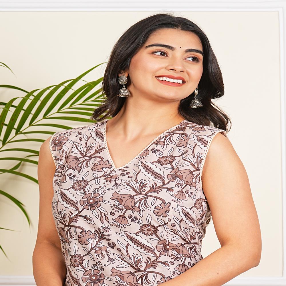Light Brown A-line Kurti Pant Set