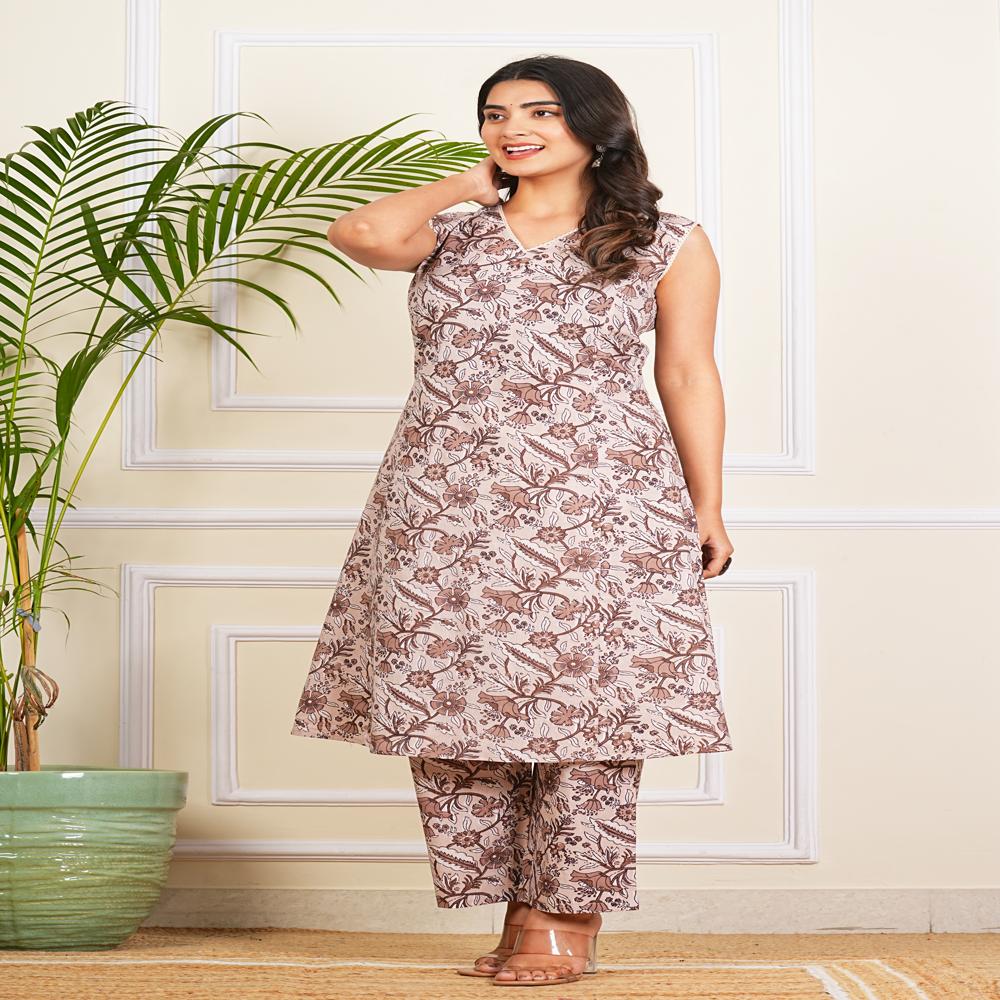 Light Brown A-line Kurti Pant Set