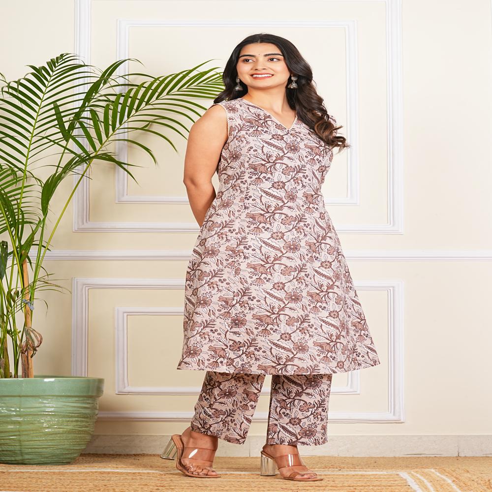 Light Brown A-line Kurti Pant Set