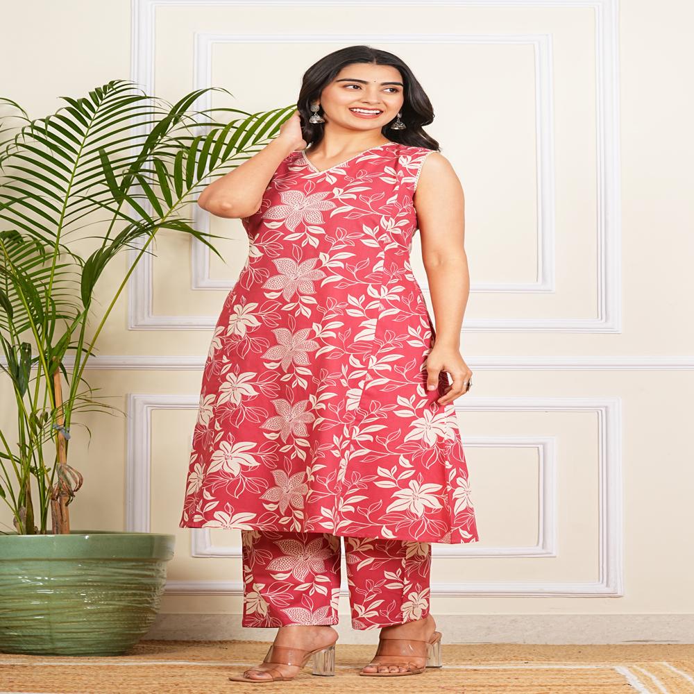 Brick Red Cotton A-line Kurti Pant Set