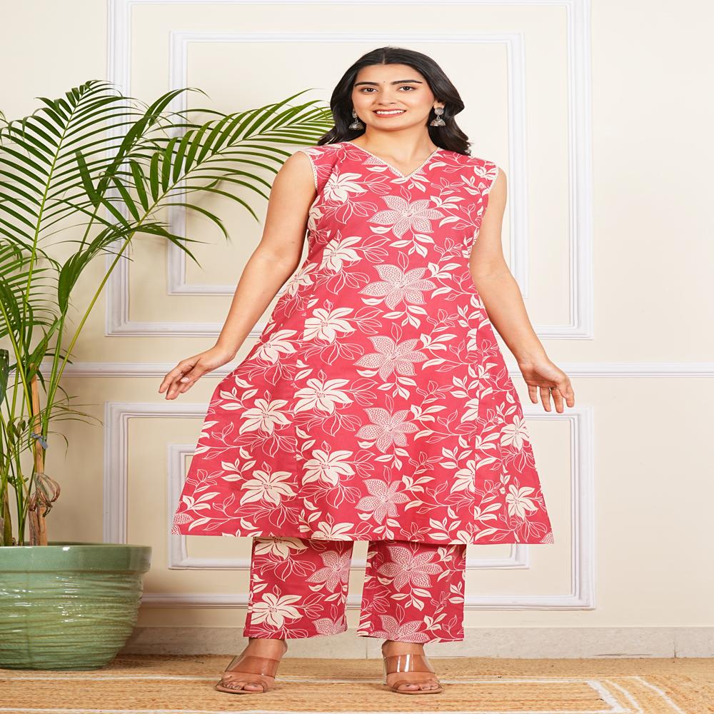 Brick Red Cotton A-line Kurti Pant Set