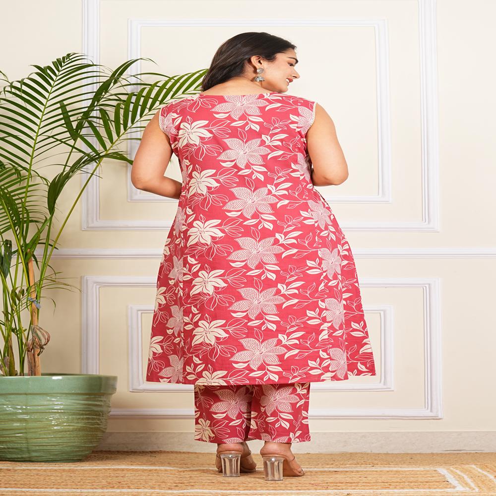 Brick Red Cotton A-line Kurti Pant Set