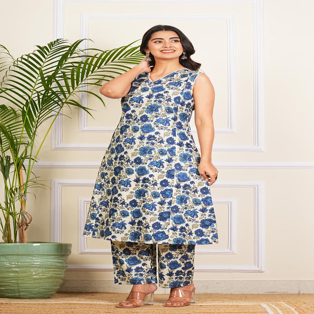 Blue Floral A-line Kurti Pant Set