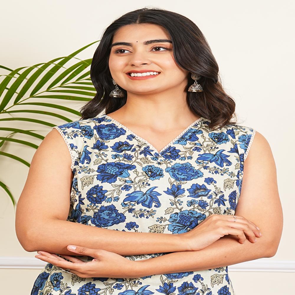 Blue Floral A-line Kurti Pant Set
