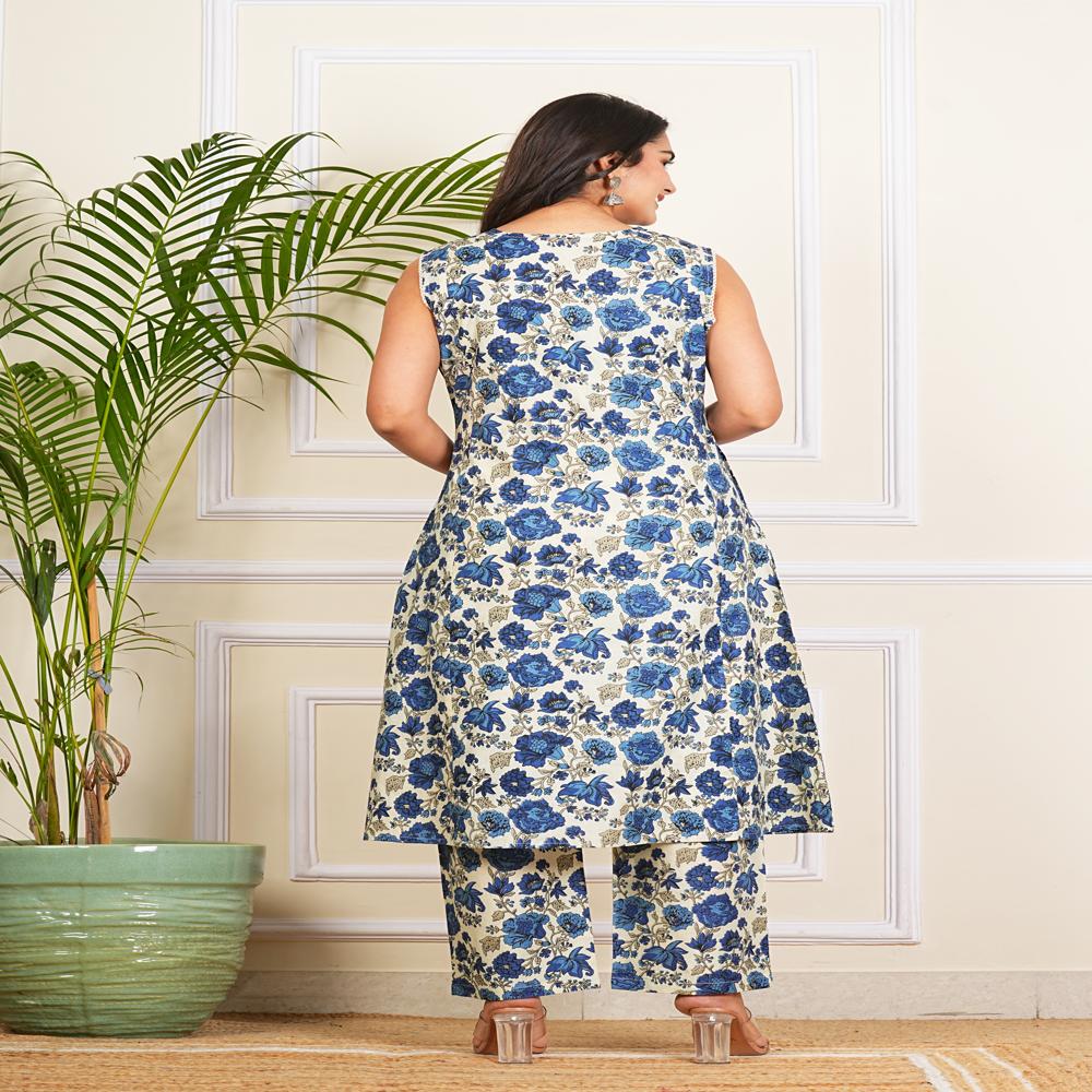 Blue Floral A-line Kurti Pant Set