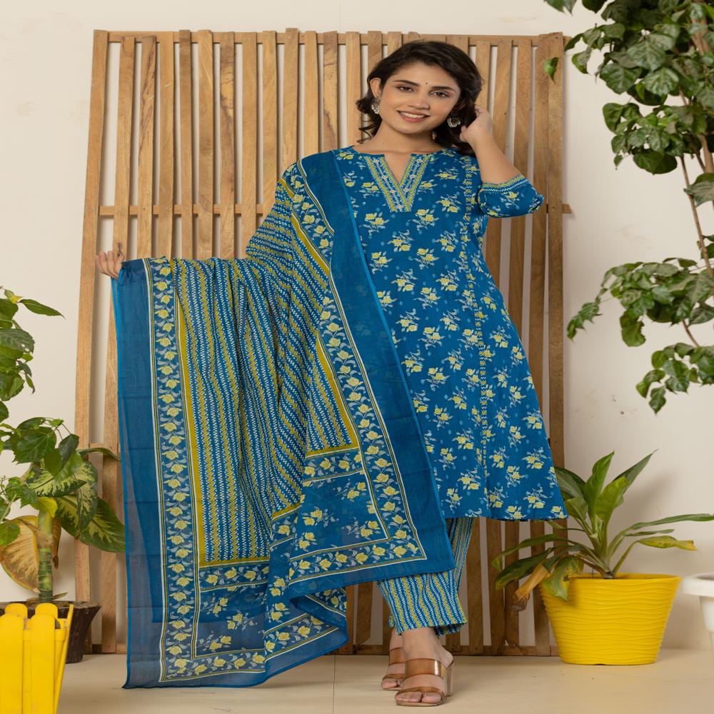 Cobalt Blue Kurti Pant Set With Dupatta