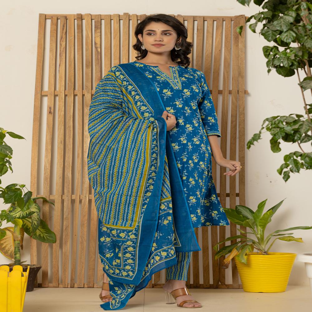 Cobalt Blue Kurti Pant Set With Dupatta