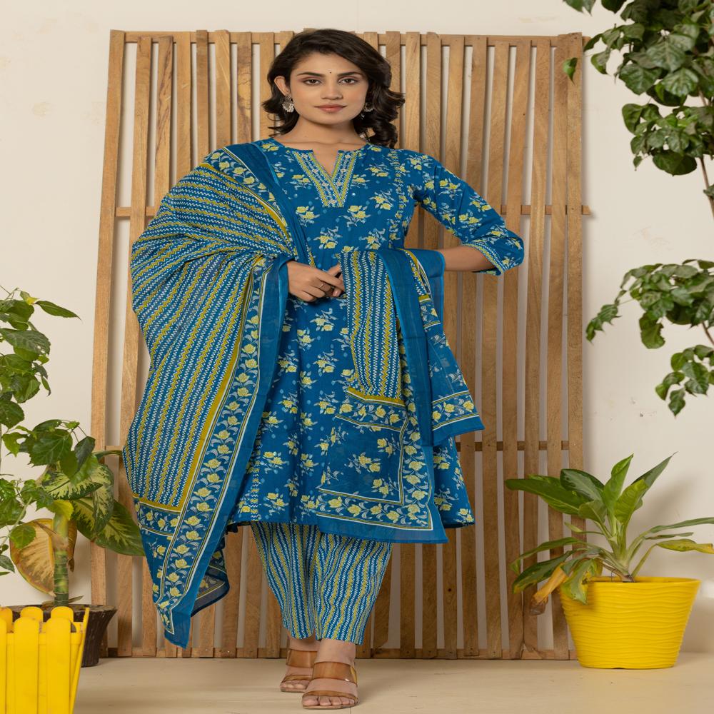 Cobalt Blue Kurti Pant Set With Dupatta