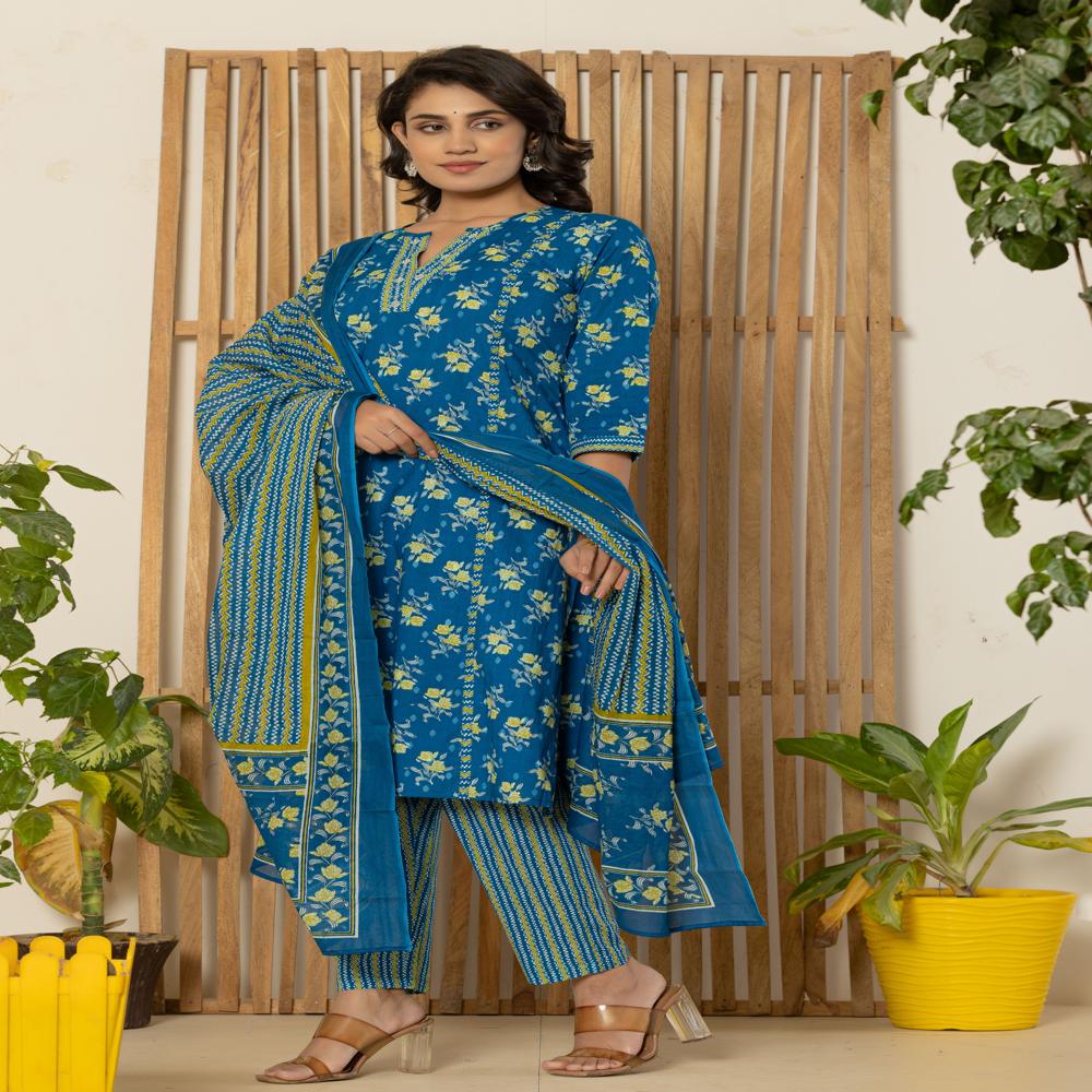 Cobalt Blue Kurti Pant Set With Dupatta