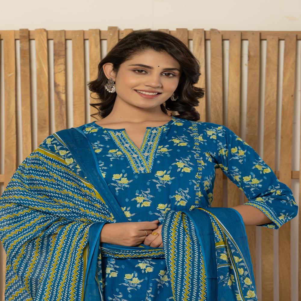 Cobalt Blue Kurti Pant Set With Dupatta