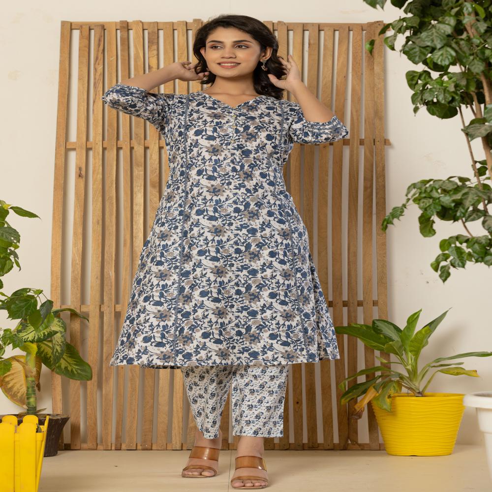 WHITE FLORAL kurti pant set