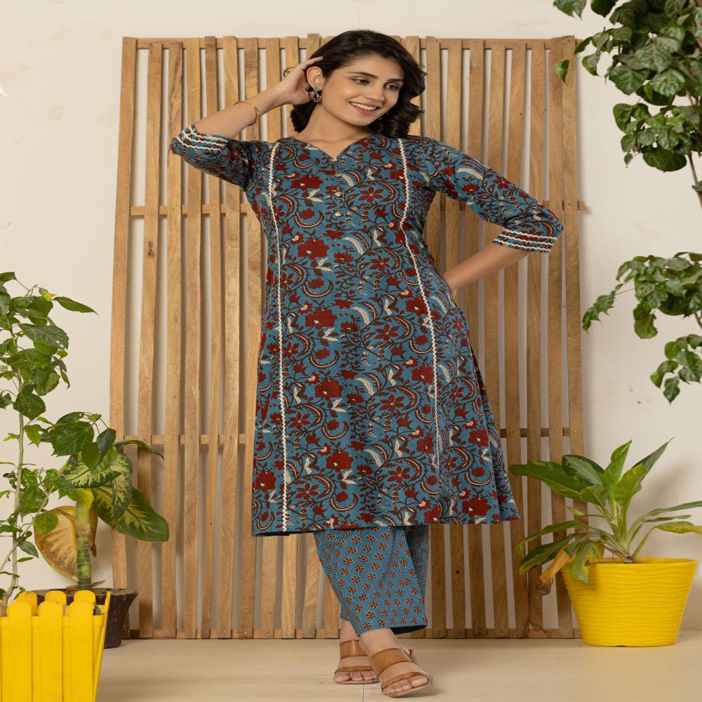 blue floral kurti pant set