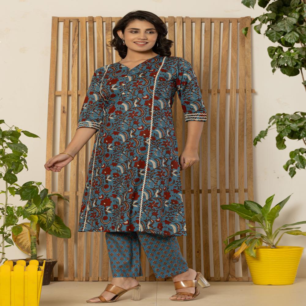 blue floral kurti pant set