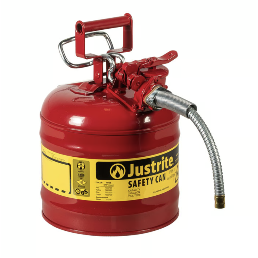 Justrite Safety Cans Type II - 24 Gauge Steel, 2 Gallon Capacity, Yellow Banding | Spring-Loaded Self-Closing Gasket, Flexible Metal Hose