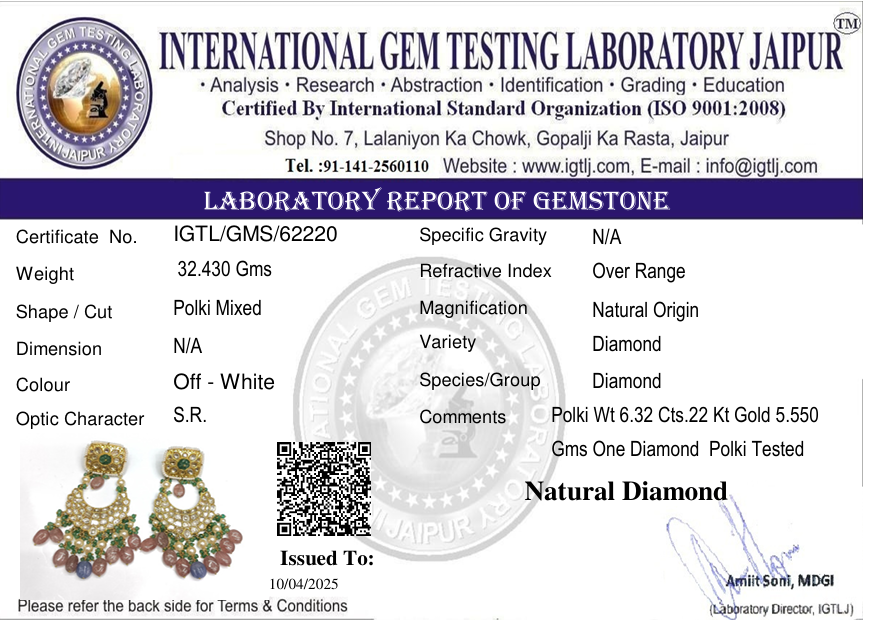 22kt Gold Chandbali with real Diamond Polki