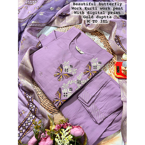 Beautiful Butterfly Work Kurti And Pant With Gold Dupatta